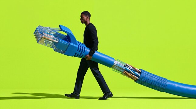 Man Carrying Giant Ethernet Network Cable on Green Background