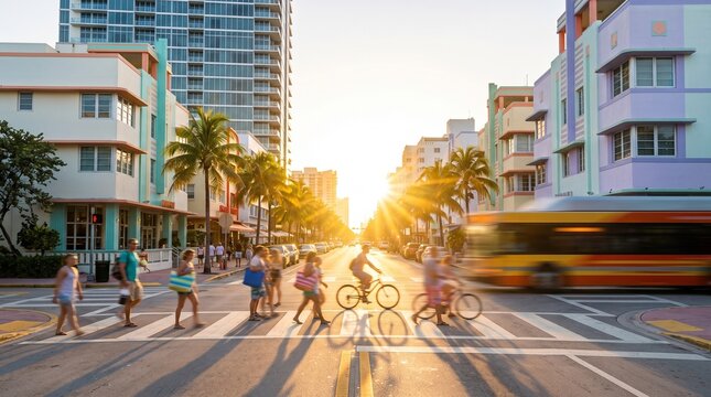 People Crossing Street in Miami South Beach at Sunset