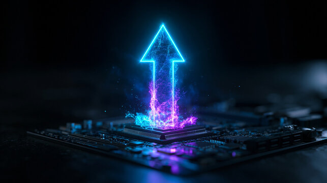 Glowing Arrow Rising from Computer Processor Chip Concept