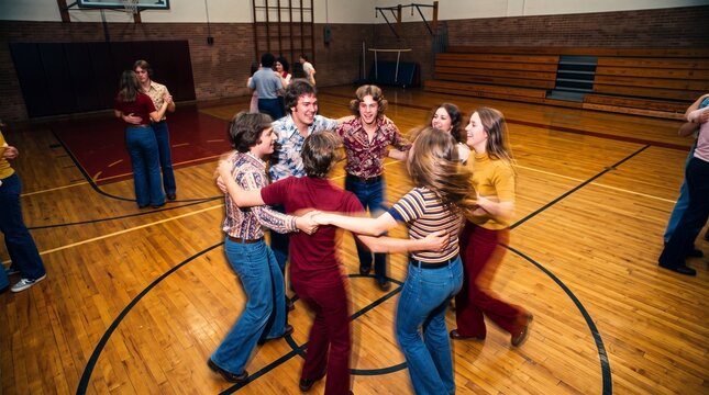 High School Students Square Dancing in 1970s Gymnasium
