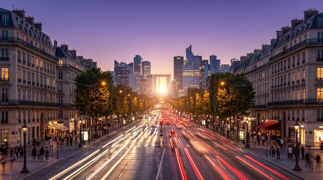 Busy Paris Avenue with Traffic Trails Leading to Modern Skyline