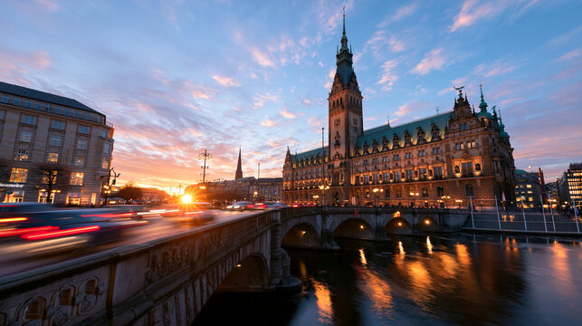Hamburg City Hall and Bridge Over Canal at Sunset
