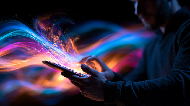 Man Using Digital Tablet Emitting Glowing Colorful Light Waves