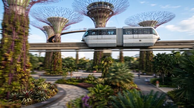 Monorail Train Moving Through Futuristic Green Eco City Park