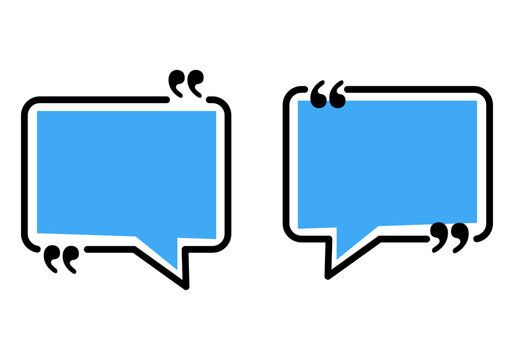 Two blue speech bubbles with quotation marks icon set empty chat boxes or quote frames for text testimonial or comment message template