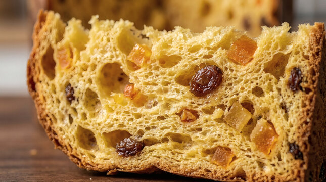 A close-up, detailed view of a slice of Italian Panettone, showcasing its airy crumb, studded with candied citrus peel and plump raisins, promising a delightful festive treat.