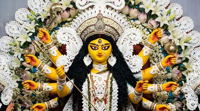 Adorned goddess durga idol decorated with white flowers for durga puja festival