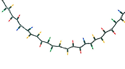 Fototapeta premium A string of colorful christmas fairy lights glowing against a plain backdrop isolated on transparent background