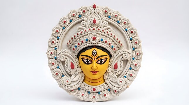 Ornate handcrafted durga puja goddess durga clay idol with decorative halo