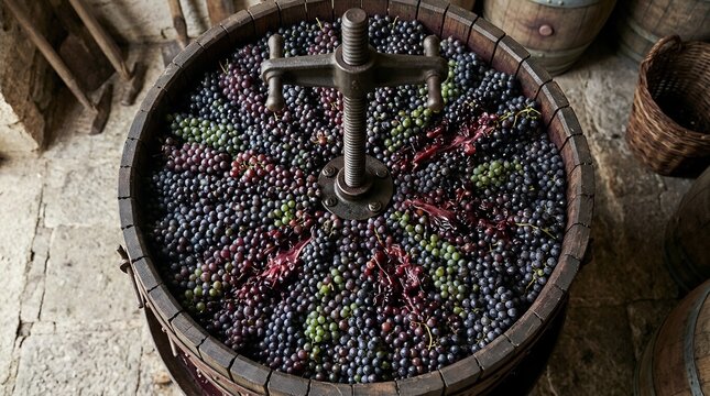 Overhead view of wooden grape press filled with harvest grapes and must