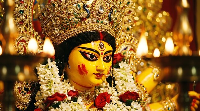 Close-up of goddess durga idol decorated with flowers and traditional ornaments