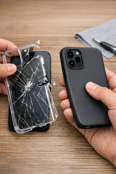 A person is holding a damaged smartphone with a cracked screen
