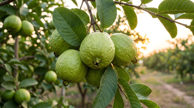 Cluster of fresh green guavas hanging on a tree branch in an orchard during golden hour sunset