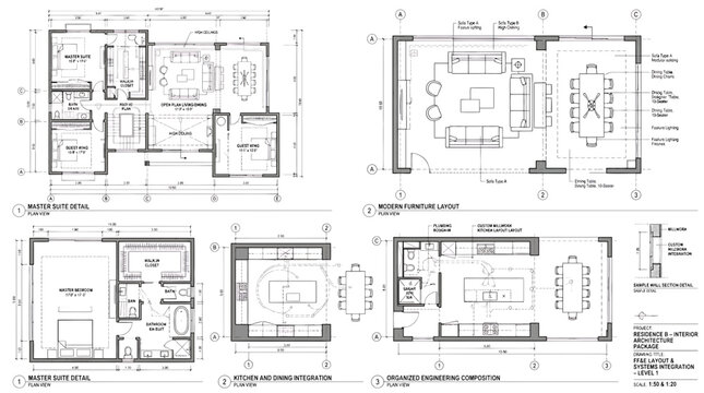 Technical architectural drawings of a highend luxury residential interior planning toolkit featuring floor plans, furniture layouts, and design details