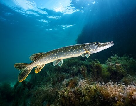underwater photo of a big pike esox lucius