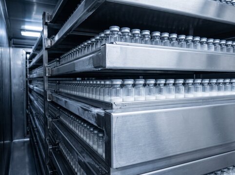 Freeze dryer shelves closing down on rows of sealed vials
