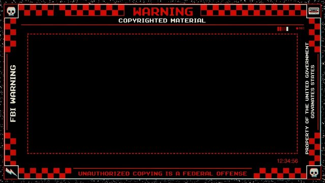 Retro red and black VHS tape overlay frame featuring warning text and checkered borders for vintage video aesthetics, surveillance design, and media projects.