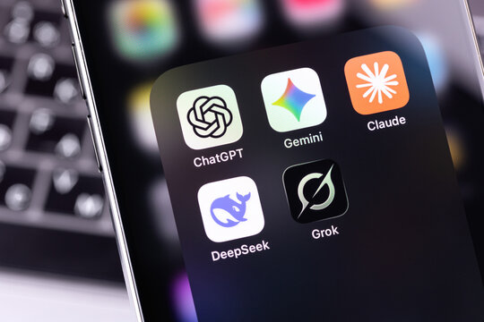 Claude, ChatGPT, Gemini, DeepSeek, Grok mobile icons app on a screen smartphone iPhone. Leading AI-powered chatbots. Batumi, Georgia - June 16, 2026