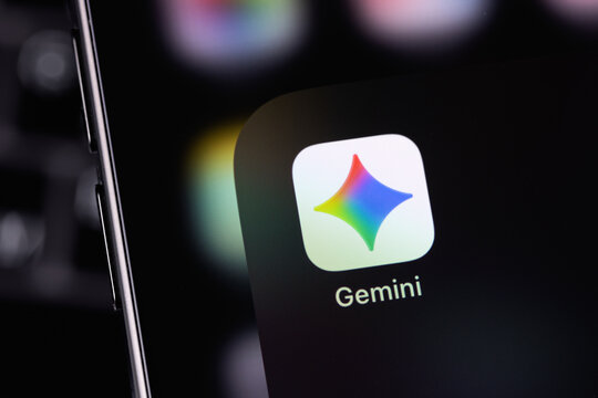 Google Gemini logo mobile app on a screen smartphone iPhone. Gemini is an AI assistant from Google. Batumi, Georgia - June 16, 2026