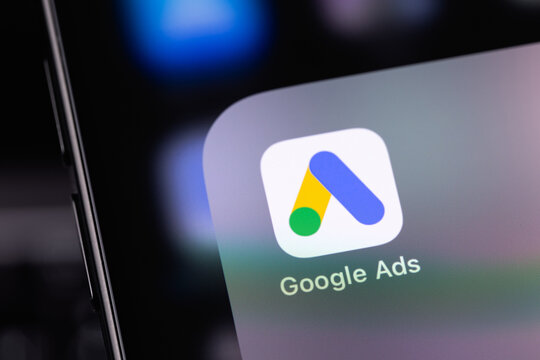 Google Ads logo mobile icon app on a screen smartphone iPhone closeup. Ads or Ad, AdWords is a service of contextual, basically, search advertising from Google. Batumi, Georgia - June 16, 2026
