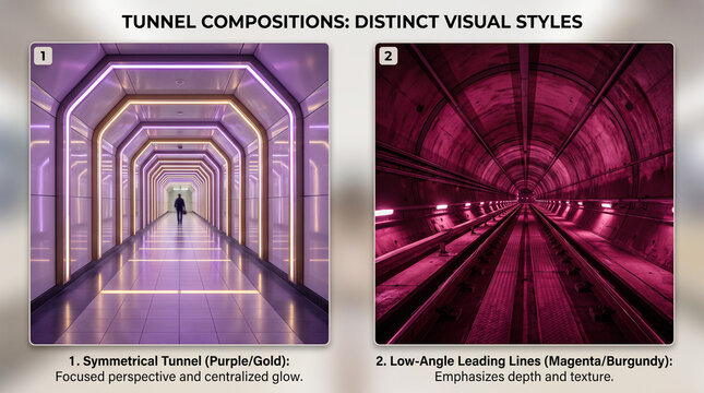 Wide-angle view of a vibrant subway station, glowing neon lights, motion blur from trains, and a sleek, polished design