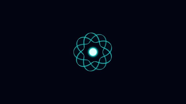 Neon blue atomic nucleus animation with spinning electron paths on dark background.