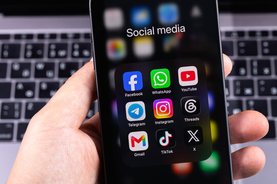 smartphone iPhone with mobile icon apps Facebook, WhatsApp, Instagram, Telegram, YouTube, Gmail, TikTok, X. Most popular social media platform. Batumi, Georgia - June 17, 2026