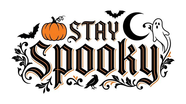 A vintage halloween illustration featuring spooky lettering with a pumpkin bats ghost and crescent moon design perfect for autumn festivities