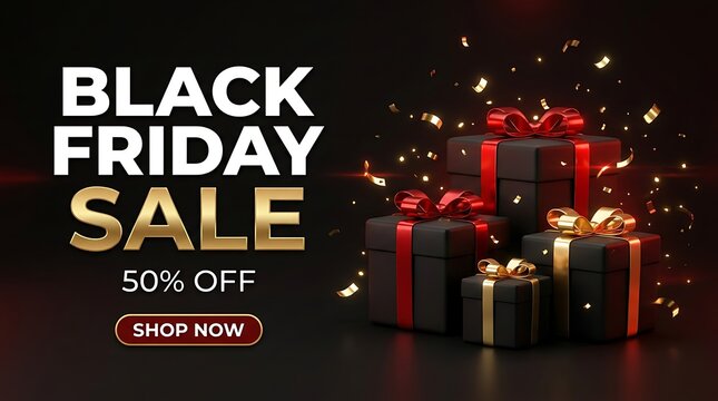Black Friday Sale banner with 50% off, featuring black gift boxes with red and gold ribbons, golden confetti, and a 'Shop Now' button