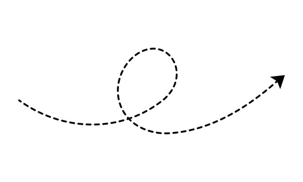 Black dotted curved arrow with single loop represents directional movement and creative flow ideal for mapping flight paths or adding dynamic motion elements to presentation and instructional slide.