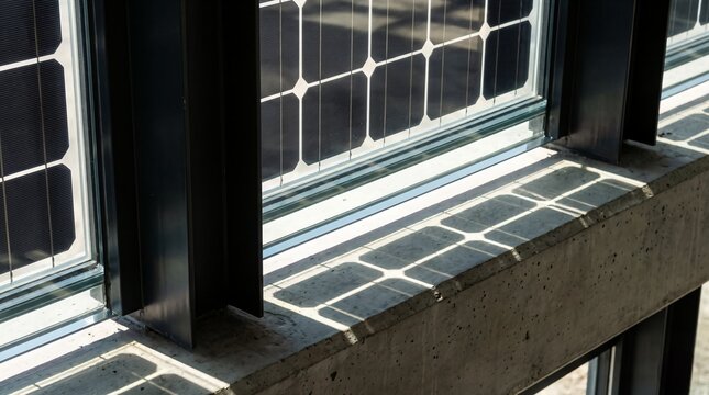 Building integrated photovoltaics installed as a solar panel facade with steel mullions and concrete architecture