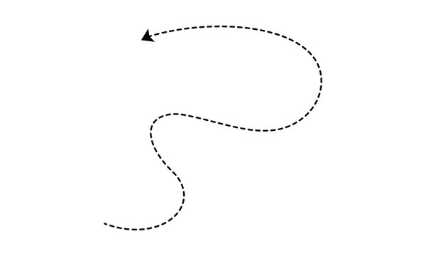 Single black dashed line arrow curving upwards and then downwards in an organic s-shape with an arrowhead pointing to the left on a white background.