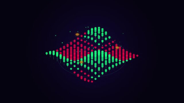 Abstract data visualization showing fluctuating stock market patterns on dark screen.