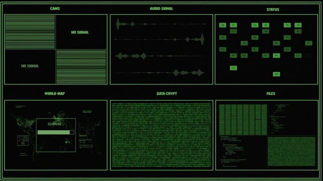Futuristic green cyber security screen interface with matrix code surveillance cams and malware virus upload status
