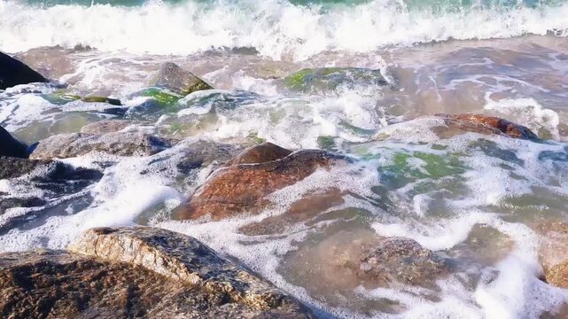 Close-up foamy coastal surf with turquoise stormy sea waves crashing on wet rocks and seaweed covered boulders on Baltic sea shore at sunny summer day. Seaside water surface pattern natural background