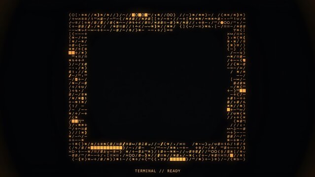 Retro amber monochrome digital computer terminal screen glowing with ASCII character borders and secret text frame for futuristic technology corporate presentation.