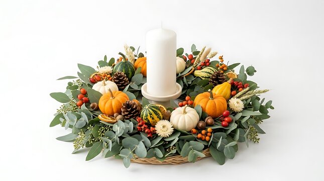 Autumn Wreath with Candle, Pumpkins, Berries, and Eucalyptus on White