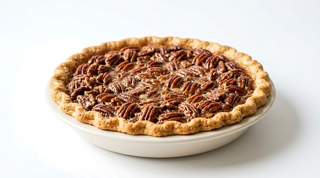 Delicious Full Pecan Pie Dessert in White Dish on Clean Background