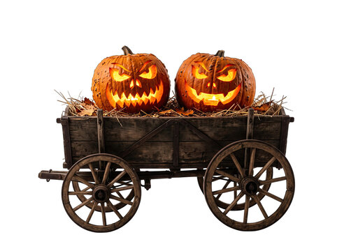 Halloween wagon filled with two glowing jack o lanterns and autumn harvest isolated on transparent background