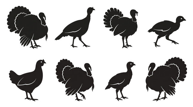 Collection of black turkey silhouettes in various poses isolated on transparent background