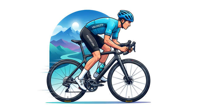Cyclist in blue racing suit riding road bike during competition