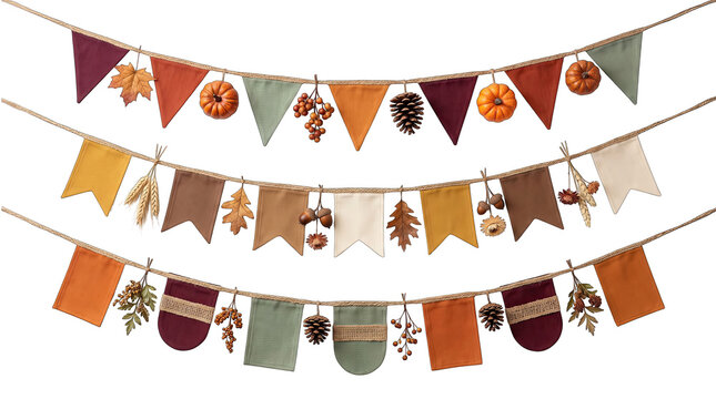 Colorful autumn fall themed bunting flags hanging on strings isolated on transparent background