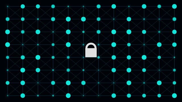 Digital security padlock icon pulsating on dark abstract node network background motion.