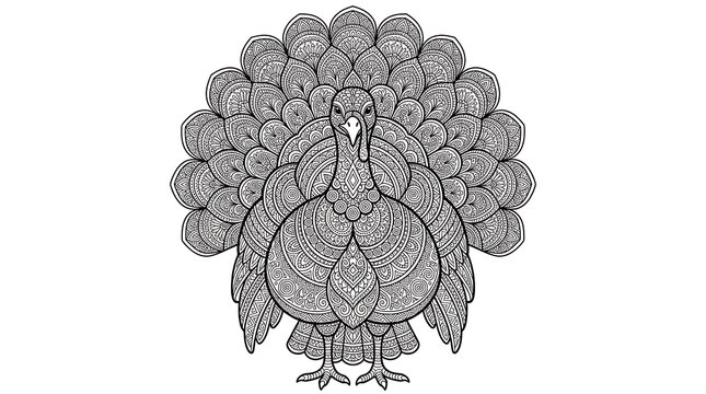 Intricate Mandala Turkey Bird Outline Art for Coloring Book Design
