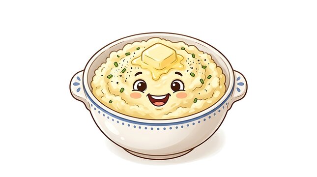 Happy Mashed Potatoes with Butter and Chives Cartoon Illustration Isolated