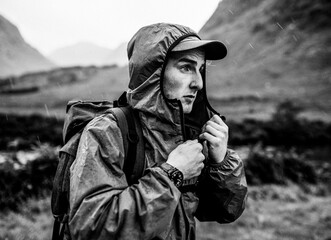 Hiker in rain gear exploring rugged mountain landscape © Rawpixel.com