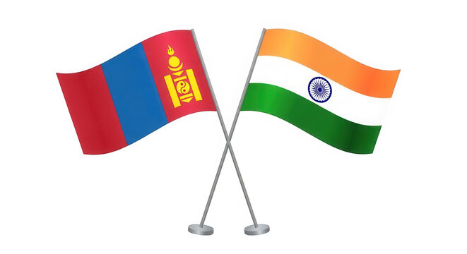 Crossed flags of Mongolia and India waving in the air isolated on transparent background