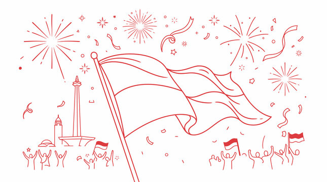 Indonesian independence day vector illustration featuring the national flag waving proudly alongside the iconic Monas monument with festive fireworks and cheering crowds in a minimalist red line art 