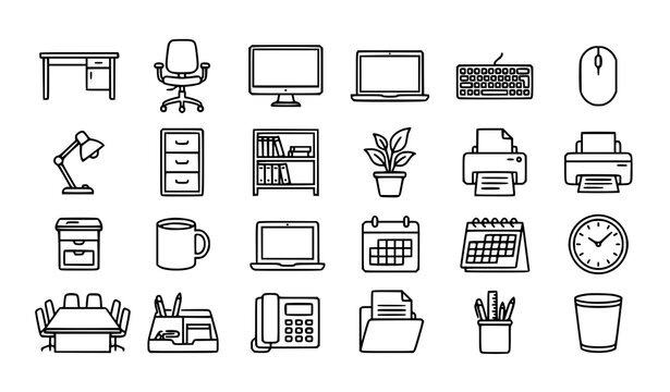 Office workspace furniture and business equipment line icon set with computer desk stationary and supplies elements