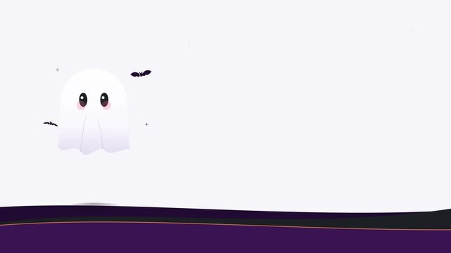 Cute little ghost flying over a dark landscape banner for Halloween design concepts